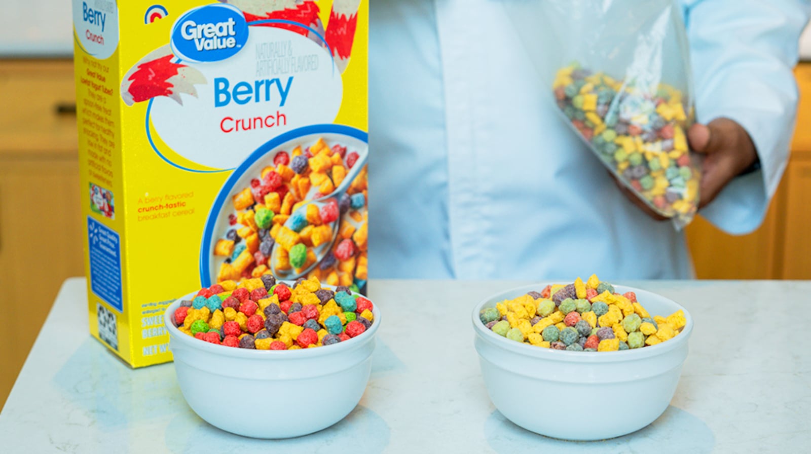 Great Value Berry Crunch cereal with bowls. CONTRIBUTED