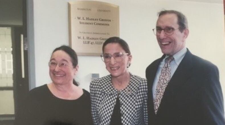 Dayton native Lois Severin (left) in a 2000 photo taken in St. Louis with 
U.S. Supreme Court Justice Ruth Bader Ginsburg and her husband Phil Severin. Ginsburg and Phil Severin attended at Cornell  University together.  Ginsburg  and Lois Severin exchanged many letters after meeting in 2000, Severin's brother, Burt Saidel, say.