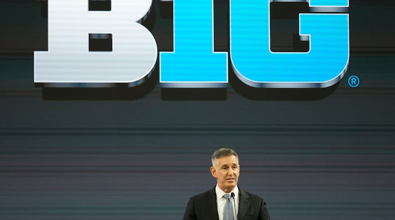 FILE - Big Ten Commissioner Tony Petitti speaks during an NCAA college football news conference at Lucas Oil Stadium, July 23, 2024, in Indianapolis. (AP Photo/Darron Cummings, File)