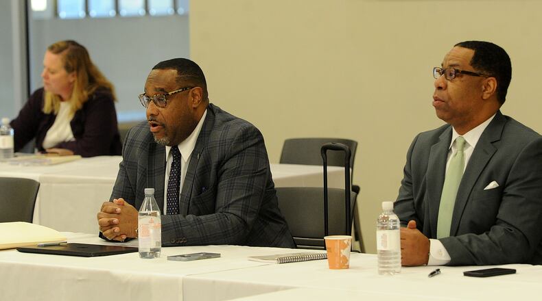 Central State University, Board of Trustees, from left, Board Chair, Mark Hatcher and Secretary, Marlon R. Moore during a meeting Tuesday, Jan. 17, 2023. MARSHALL GORBY\STAFF