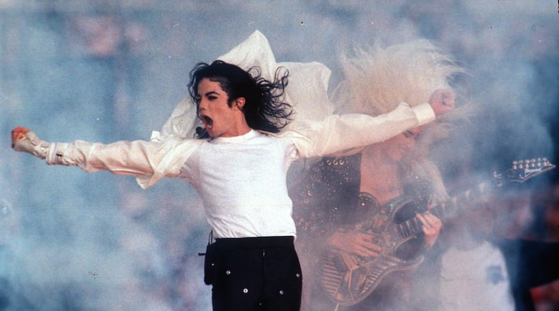 FILE - In this Feb. 1, 1993, file photo, Michael Jackson performs during the halftime show at the Super Bowl in Pasadena, Calif. Apple Music announced on Wednesday, May 22, 2024, their 10 greatest albums of all time and Jackson's 1982 "Thriller" came in second on the list. (AP Photo/Rusty Kennedy, File)