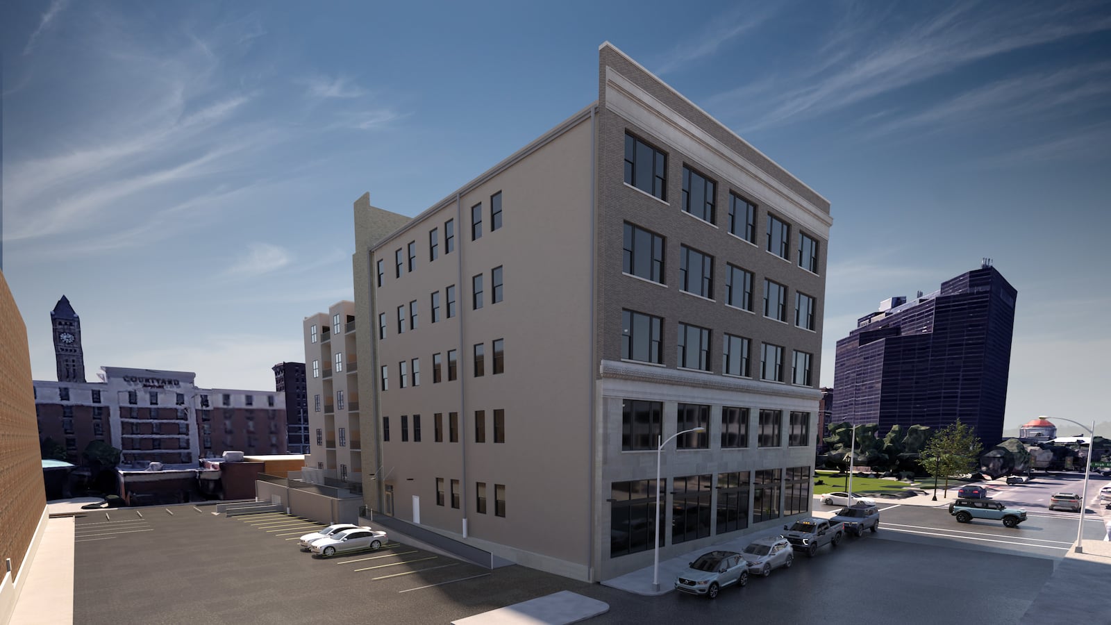 This rendering shows the Wren Building mixed-use redevelopment in downtown Springfield with a southeast-facing view. IMAGE PROVIDED BY CONNECT REAL ESTATE.