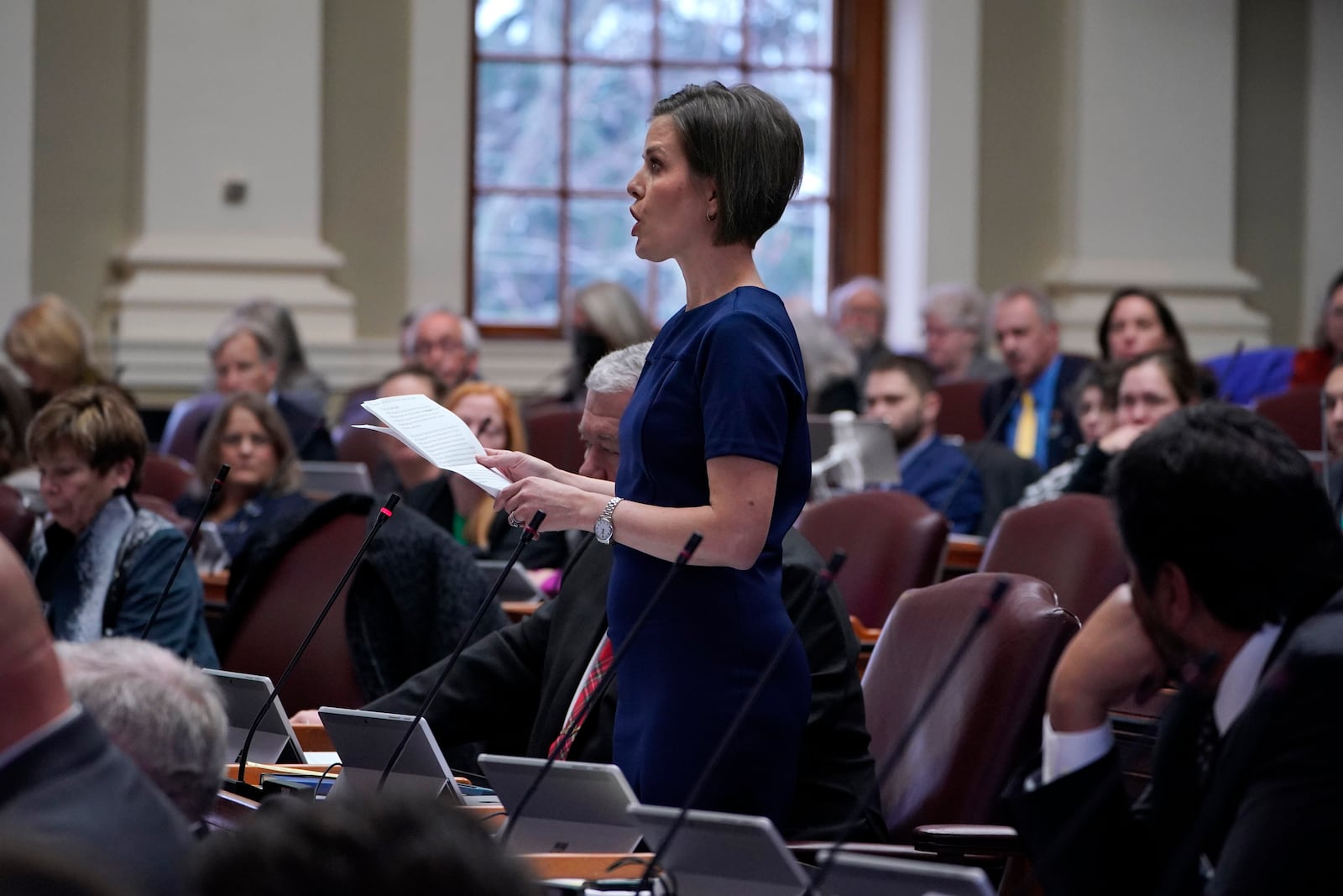 FILE-State Rep. Laurel Libby, R-Auburn, speaks in the House Chamber, in this Jan. 4, 2023, file photo, at the State House in Augusta, Maine. (AP Photo/Robert F. Bukaty, file)
