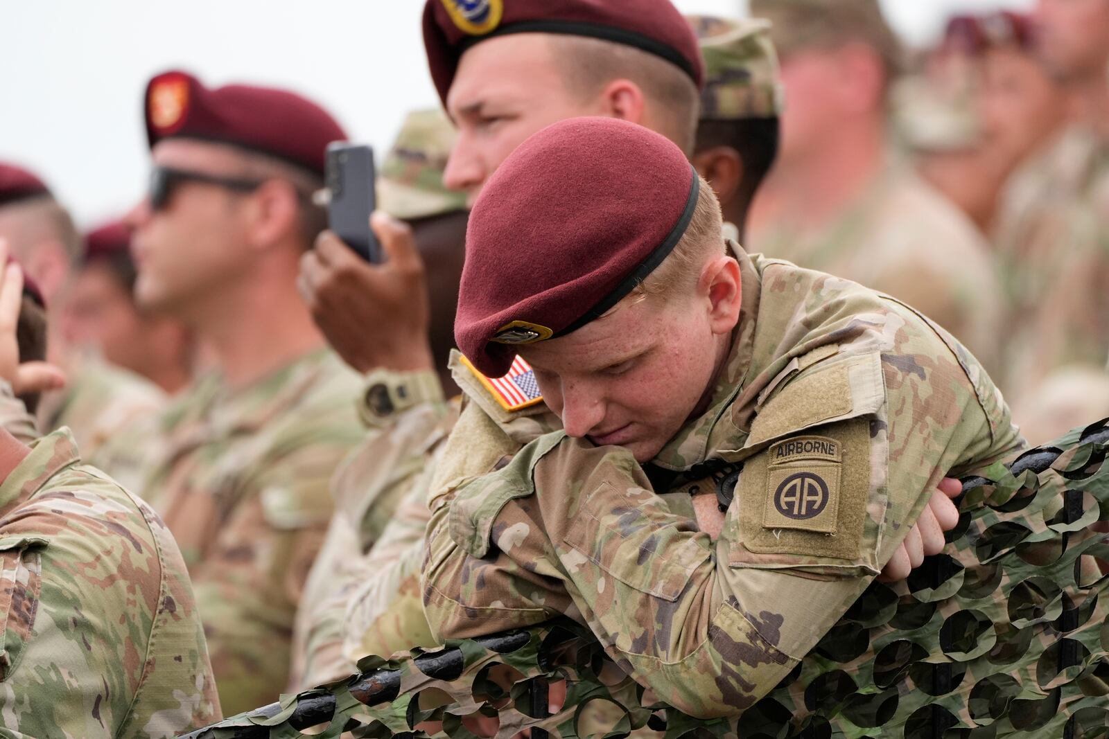 Army soldiers listen as President Donald Trump speaks at Fort Bragg, Tuesday, June 10, 2025, in Fort Bragg, N.C. (AP Photo/Alex Brandon)