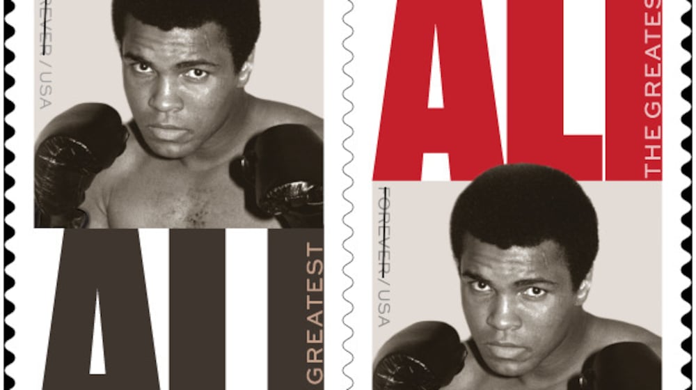 This image released by the United States Postal Service shows a commemorative Muhammad Ali stamp featuring a 1974 Associated Press photo of Ali. (United States Postal Service via AP)