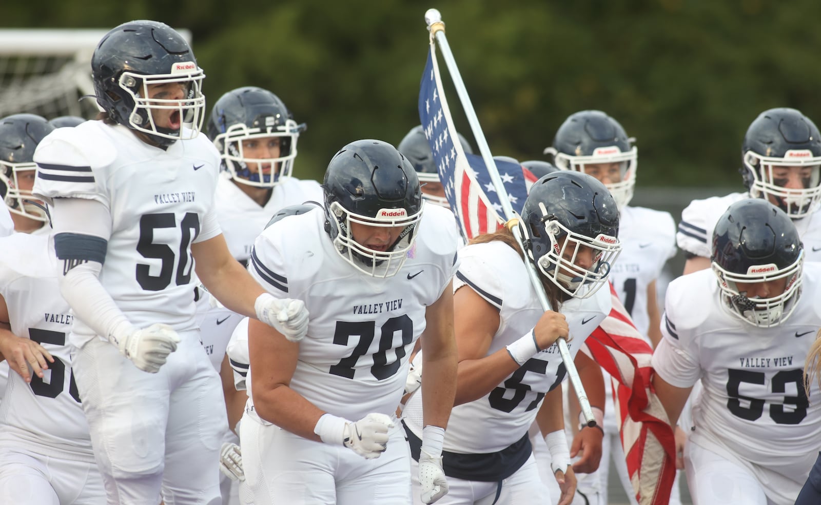 Valley View takes the field before a game against Bellbrook on Friday, Sept. 6, 2024, in Bellbrook. David Jablonski/Staff