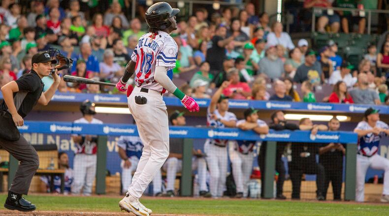 Dayton's Elly De La Cruz watches his second home run during the first game of a doubleheader Saturday against West Michigan. CONTRIBUTED/Jeff Gilbert