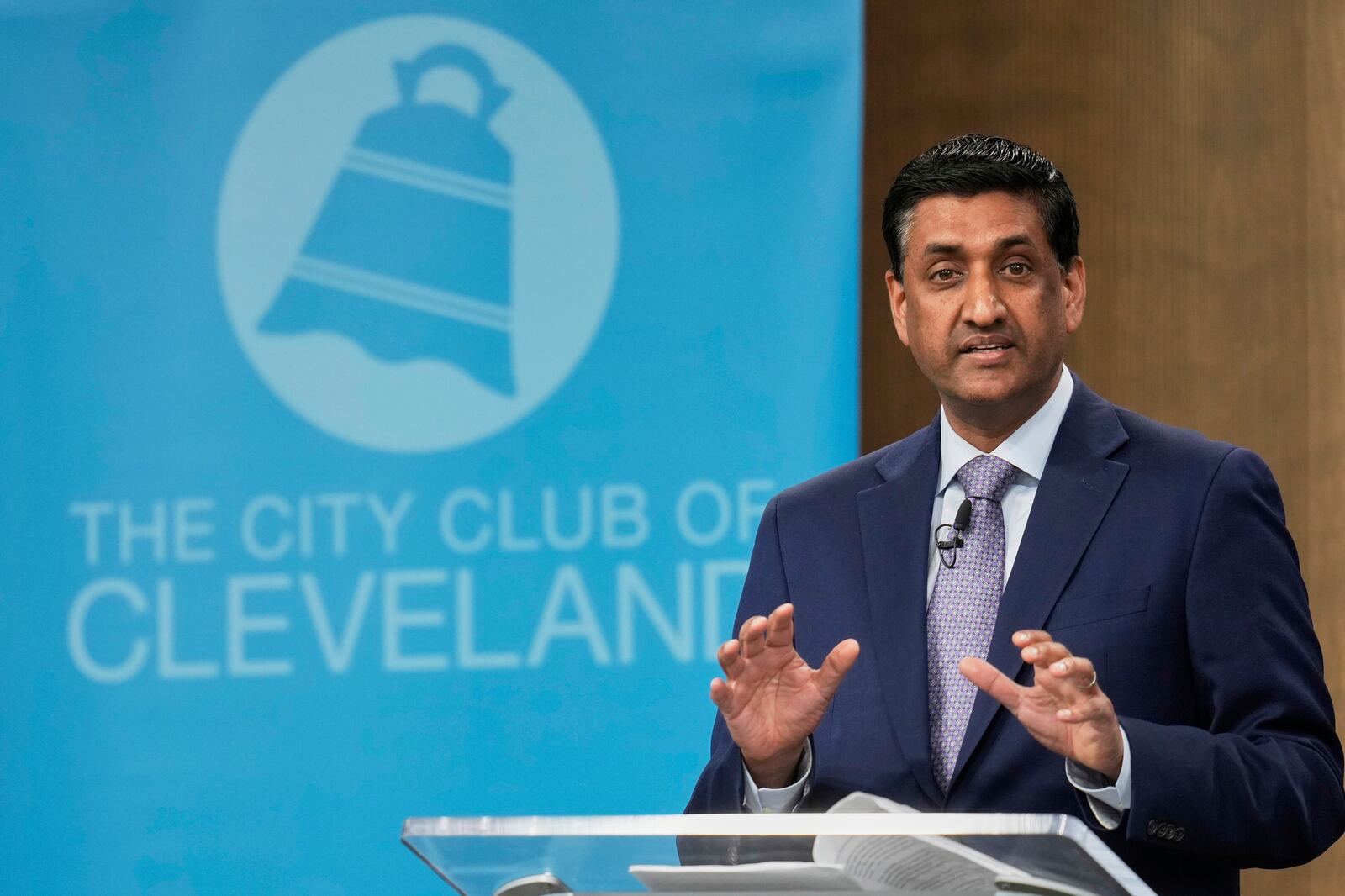U.S. Rep. Ro Khanna (D-CA) speaks to the City Club of Cleveland, in Cleveland, Monday, April 14, 2025. (AP Photo/Sue Ogrocki)