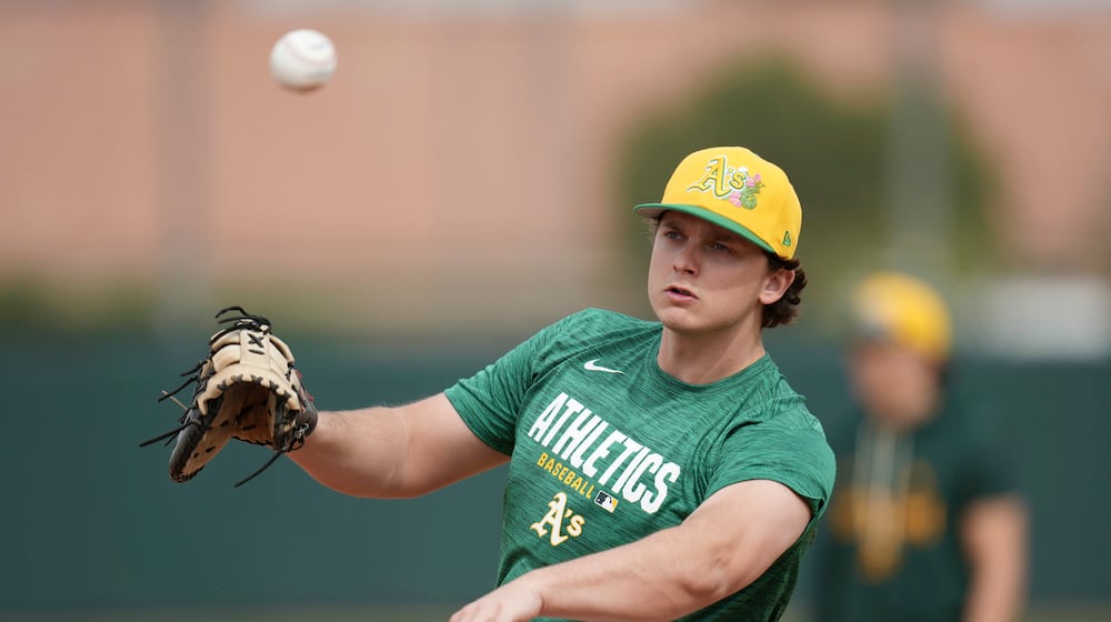 Athletics first baseman Nick Kurtz works out during spring training baseball Monday, Feb. 16, 2026, in Mesa, Ariz. (AP Photo/Ross D. Franklin)