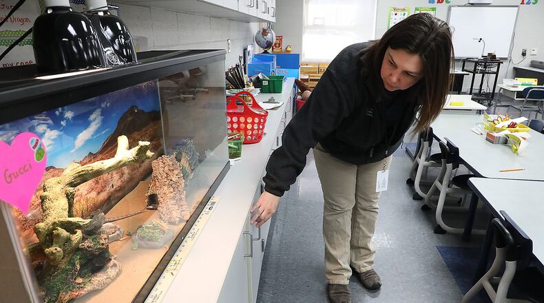 Elizabeth DeWitt, from the Clark County Combined Health District, checks the cabinets under a classroom pet as she inspects Kenwood Elementary Friday, March 23, 2018. BILL LACKEY/STAFF
