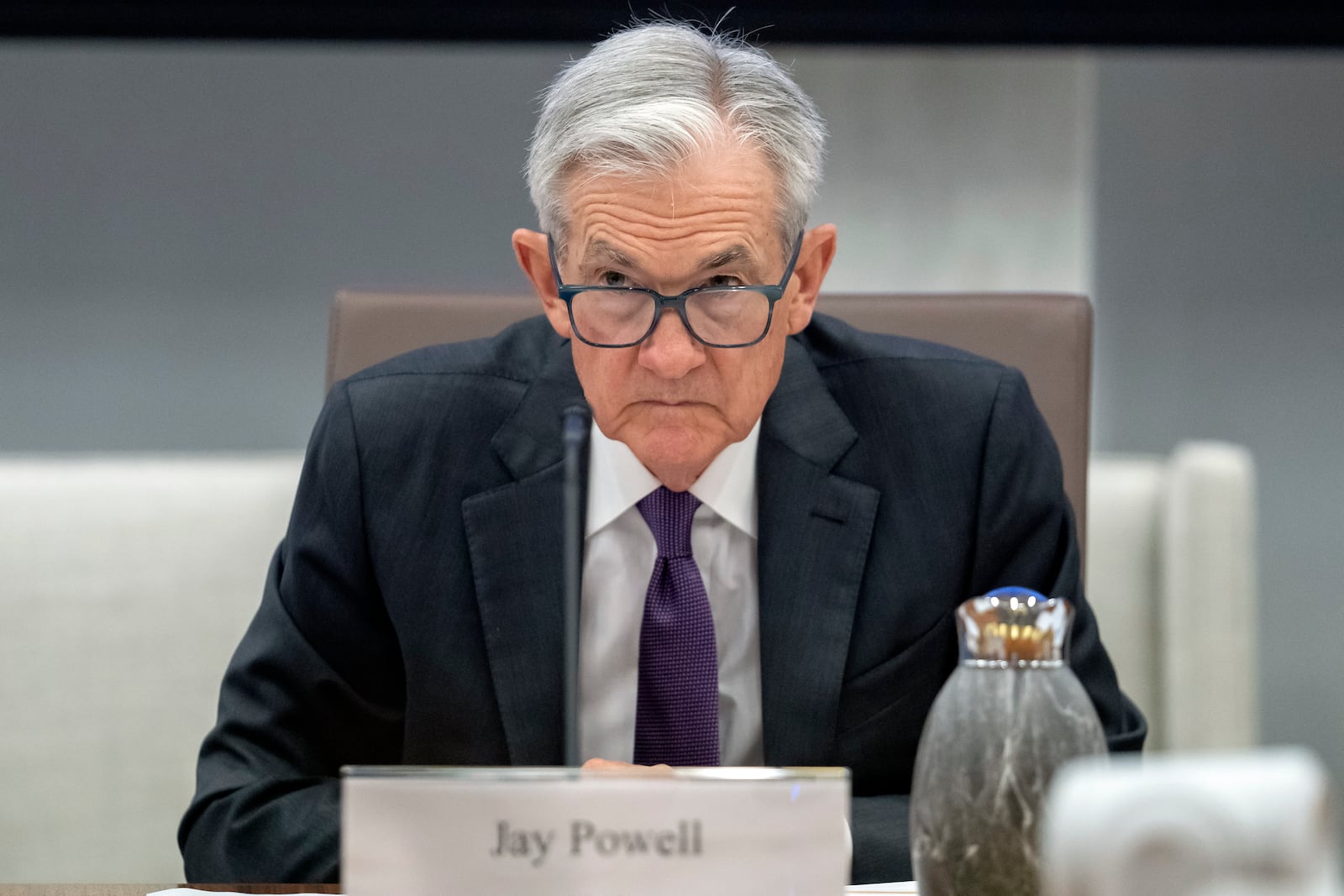 FILE - Federal Reserve Chairman Jerome Powell listens during an open meeting of the Board of Governors at the Federal Reserve on June 25, 2025, in Washington. (AP Photo/Mark Schiefelbein, file)