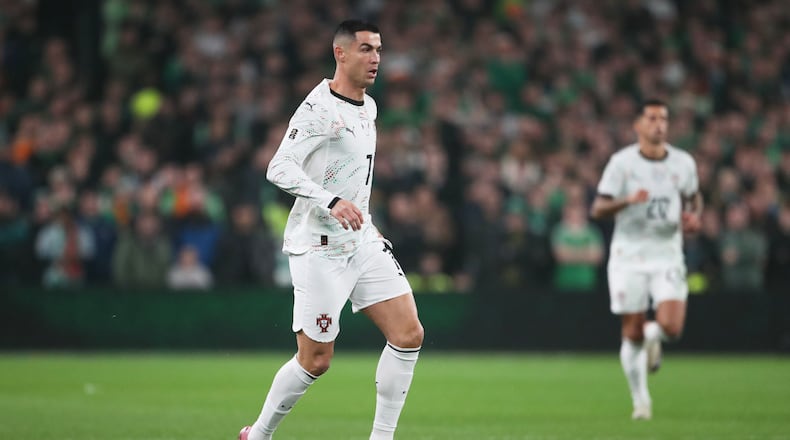 FILE - Portugal's Cristiano Ronaldo controls the ball during a World Cup 2026 group F qualifying soccer match between Ireland and Portugal in Dublin, Thursday, Nov. 13, 2025. (AP Photo/Peter Morrison, File)