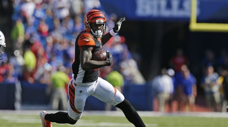 Cincinnati Bengals’ Auden Tate (19) during the first half of an NFL football game against the Buffalo Bills Sunday, Sept. 22, 2019, in Orchard Park, N.Y. (AP Photo/John Munson)