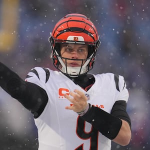 Cincinnati Bengals quarterback Joe Burrow throws a pass during warmups before an NFL football game against the Buffalo Bills, Sunday, Dec. 7, 2025, in Orchard Park, N.Y. (AP Photo/Gene J. Puskar)