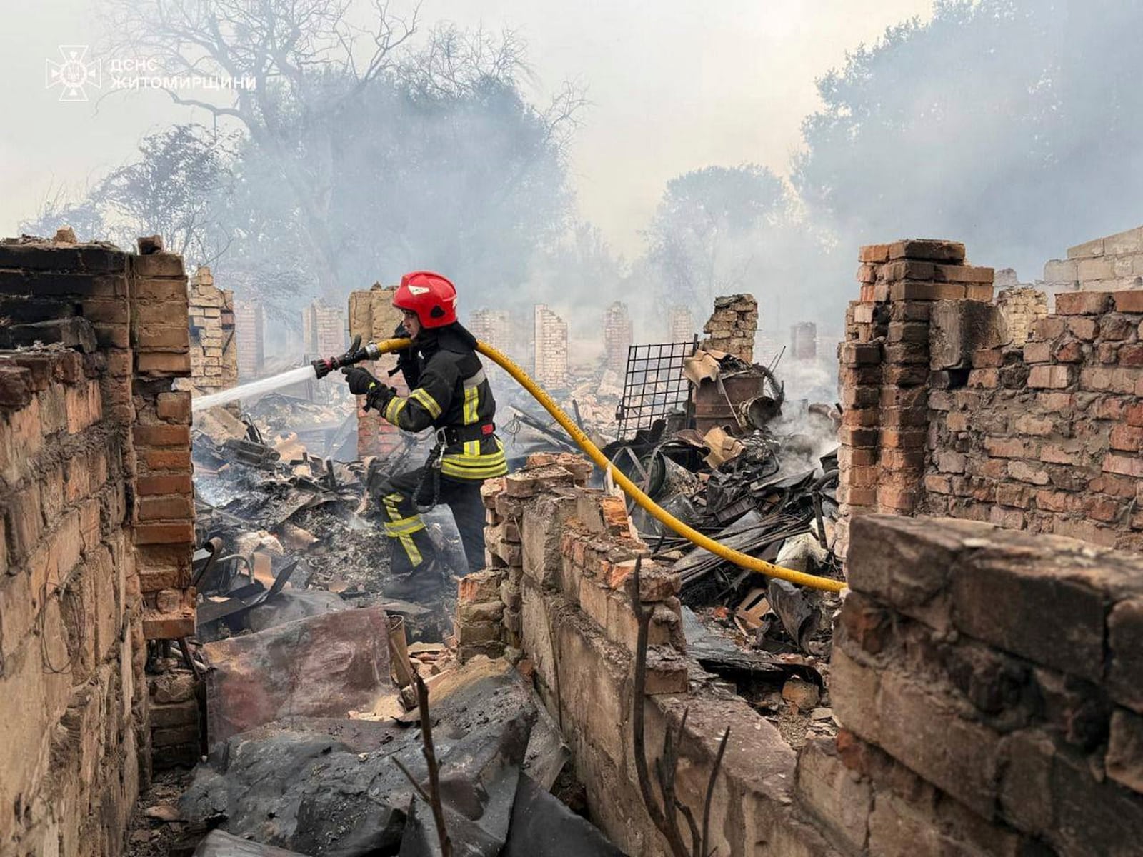 In this photo provided by the Ukrainian Emergency Service, firefighters put out the fire following a Russian attack in Zhytomyr region, Ukraine, Wednesday, July 9, 2025. (Ukrainian Emergency Service via AP)
