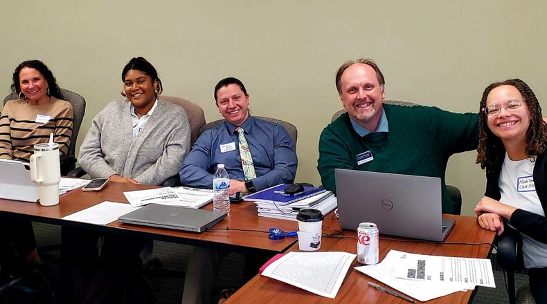 The first One Million Degrees and Clark State meeting. From left to right: Elecia Spain, associate dean of access and retention; Nina Wiley, assistant vice president of student affairs; Breion Hawkins, engagement coordinator; Travis Binkley, dean of enrollment; Dawayne Kirkman, senior vice president of student affairs, enrollment management and registration; and Nicole Trimble, director of advising. Contributed