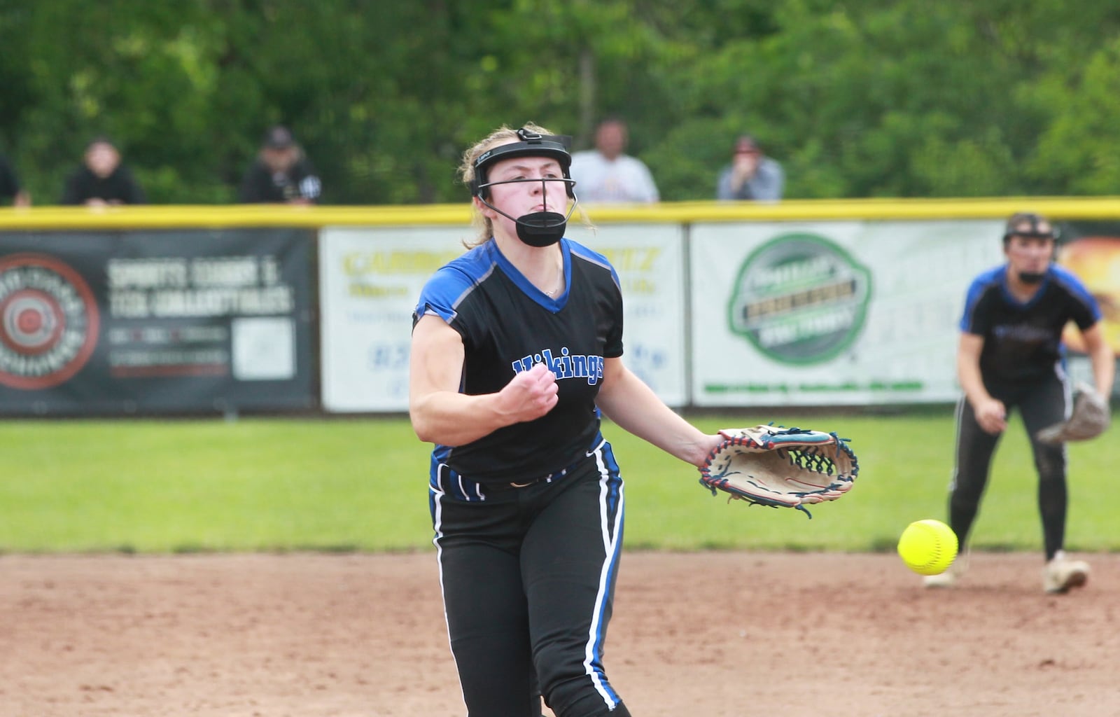 Miami East senior Jaqueline Kadel delivers a pitch against Liberty Union in the Division V softball regional semifinals at Centerville May 28, 2025.