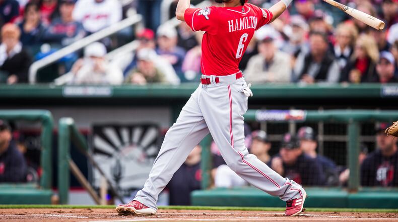 GOODYEAR, AZ - FEBRUARY 23: Billy Hamilton of the Cincinnati Reds bats in the first inning against the Cleveland Indians during a Spring Training Game at Goodyear Ballpark on February 23, 2018 in Goodyear, Arizona. (Photo by Rob Tringali/Getty Images)