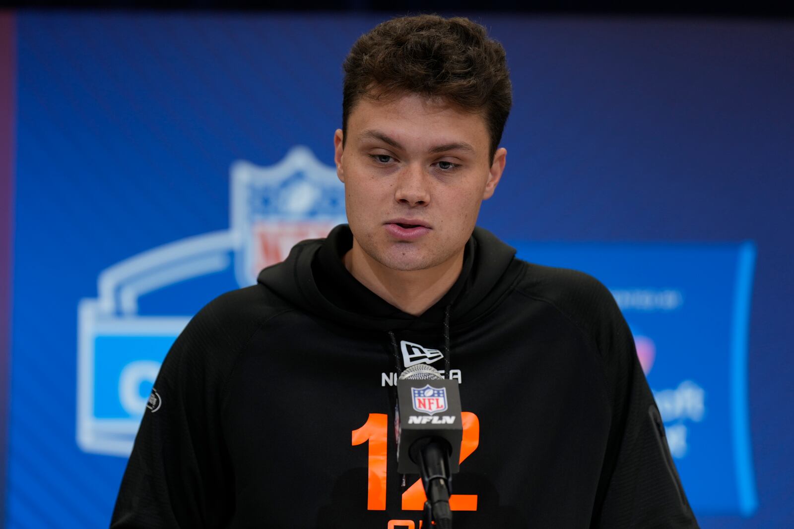 FILE - Indiana quarterback Kurtis Rourke speaks during a press conference at the NFL football scouting combine on Feb. 28, 2025, in Indianapolis. (AP Photo/George Walker IV, File)