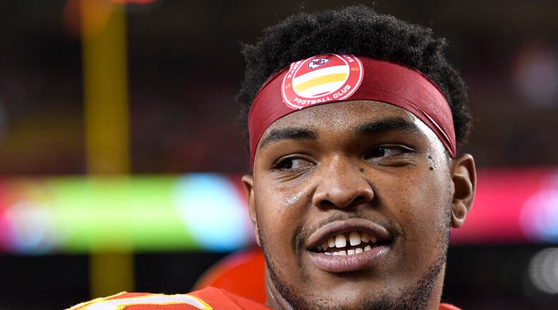 FILE - Kansas City Chiefs offensive tackle Orlando Brown is shown on the sidelines during the second half of an NFL football game against the Pittsburgh Steelers, Sunday, Dec. 26, 2021 in Kansas City, Mo. (AP Photo/Reed Hoffmann, File)