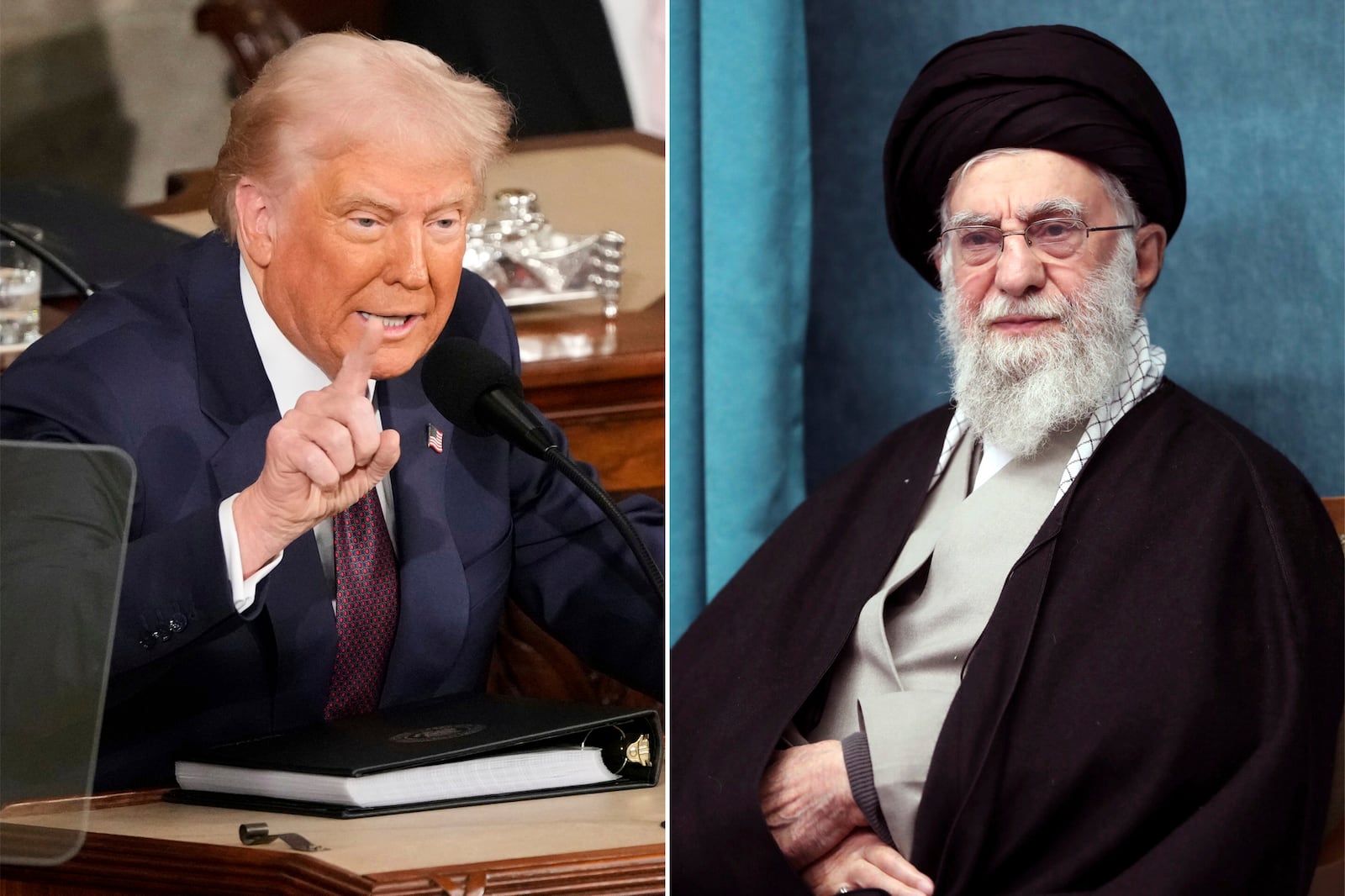 FILE - This combo of pictures show President Donald Trump, left, addressing a joint session of Congress at the Capitol in Washington, March 4, 2025, and a handout of Supreme Leader Ayatollah Ali Khamenei attending a ceremony in Tehran, Iran, March 8, 2025. (AP Photo/Ben Curtis - Office of the Iranian Supreme Leader via AP)