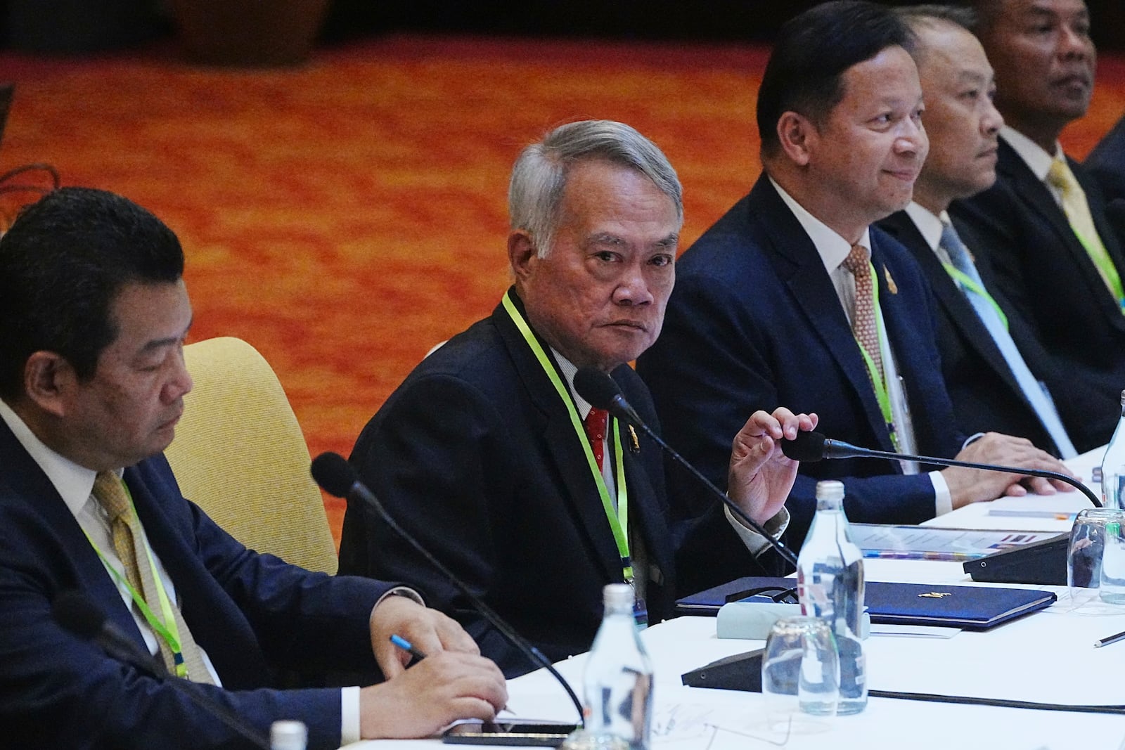 Thai Border Affairs Advisor to the Ministry of Foreign Affairs Prasas Prasasvinitchai, second from left, attends a meeting of the Cambodian-Thai joint commission on demarcation for land boundary in Phnom Penh, Cambodia, Saturday, June 14, 2025. (AP Photo/Heng Sinith)