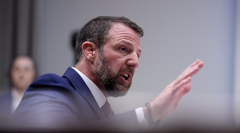 Sen. Markwayne Mullin, R-Okla., President Donald Trump's pick for Homeland Security secretary, testifies during Senate Committee on Homeland Security and Governmental Affairs hearing, Wednesday, March 18, 2026 on Capitol Hill in Washington. (AP Photo/Manuel Balce Ceneta)
