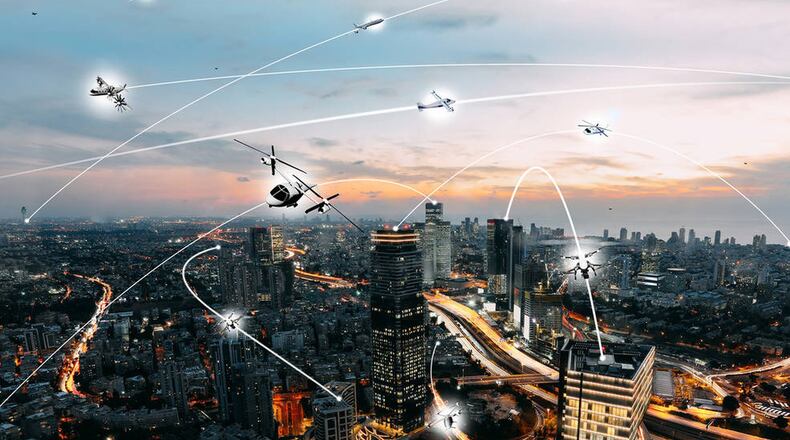 An artist’s conception of an urban air mobility environment, where air vehicles with a variety of missions and with or without pilots, are able to interact safely and efficiently. NASA / Lillian Gipson