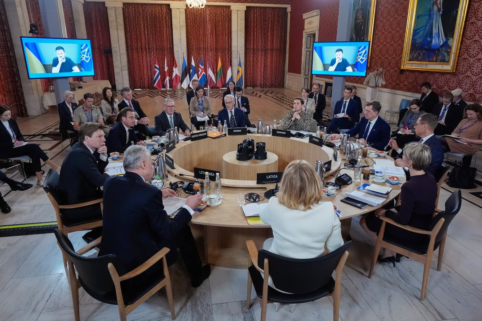 Ukrainian President of Ukraine Volodymyr Zelenskyy joins Europe leaders via video link, during a meeting of the Joint Expeditionary Force (JEF) in Oslo, Friday, May 9, 2025. (Lise Åserud/NTB Scanpix via AP)