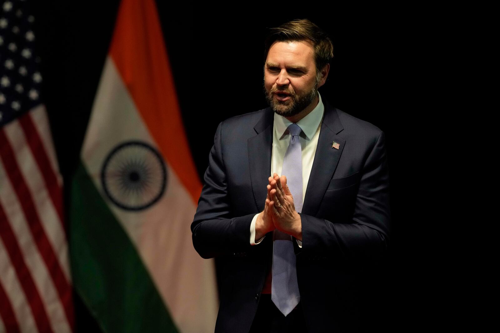 U.S. Vice President JD Vance greets the audience after speaking at the Rajasthan International Center in Jaipur, India, Tuesday, April 22, 2025. (AP Photo/Manish Swarup)