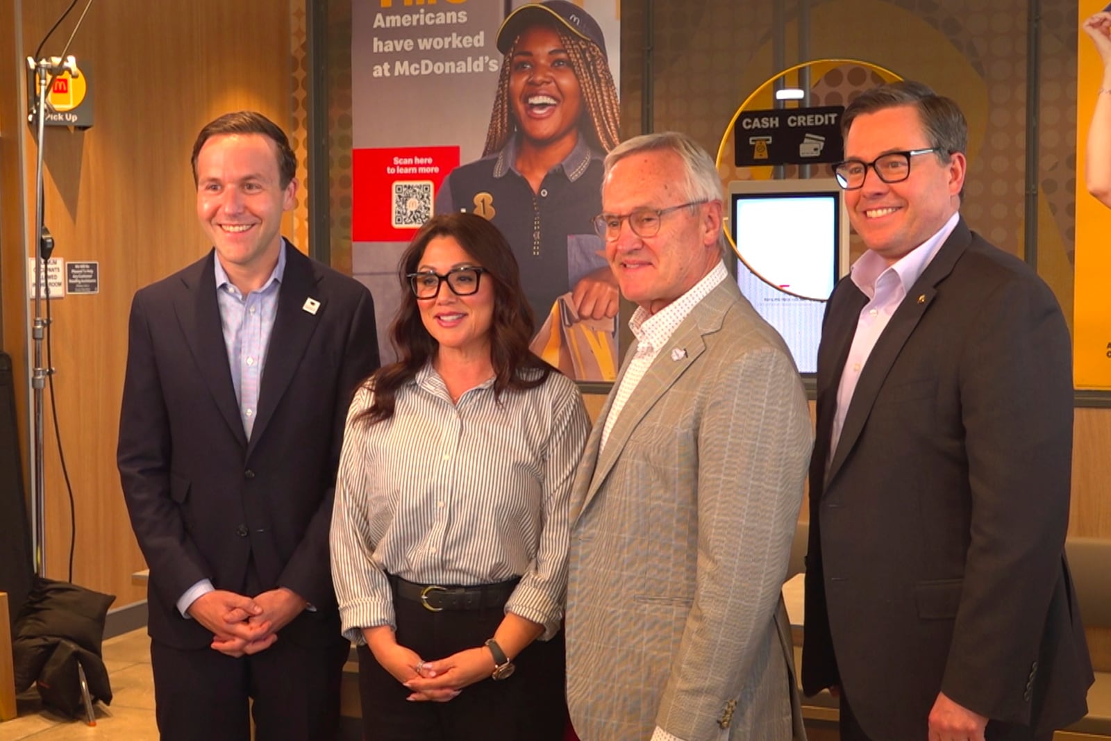 This photo taken from video shows McDonald’s Senior Vice President and Chief Impact Officer of North America Michael Gonda, left, United States Secretary of Labor Lori Chavez-DeRemer, Lt. Gov. of Ohio Jim Tressel and McDonald’s USA President Joe Erlinger inside a McDonald’s restaurant on Monday, May 12, 2025, in Delaware, Ohio. (AP Photo)
