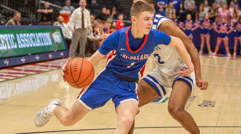 Tri-Village's Trey Sagester drives to the hoop drives to the hoop during their game against Cincinnati Summit Country Day on March 5, 2024 at UD Arena. JEFF GILBERT / CONTRIBUTED PHOTO