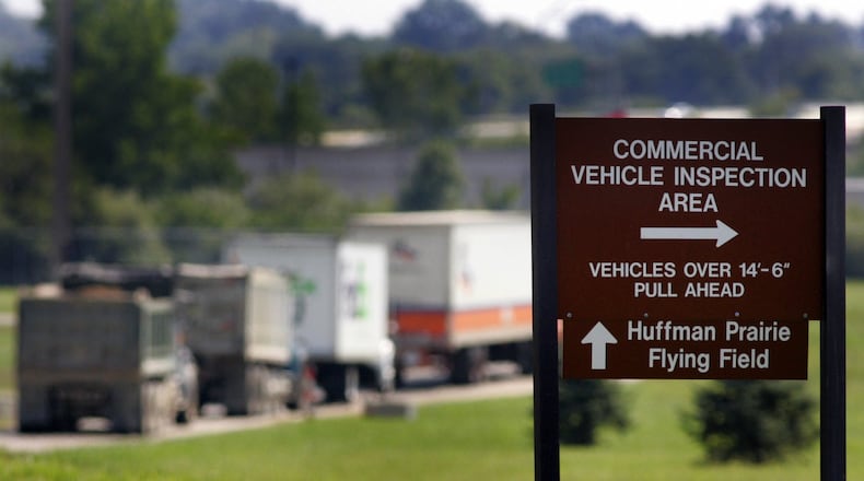 Wright-Patterson Air Force Base Gate 16A, a commercial truck screening checkpoint, will be consolidated with a new Gate 26A in 2019 in a $10.5 million construction project. JIM WITMER | 2011 STAFF FILE PHOTO