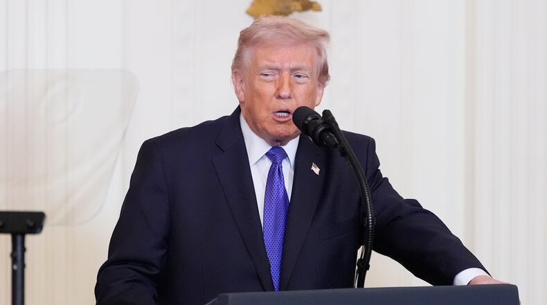 President Donald Trump speaks about Iran before a Medal of Honor ceremony in the East Room of the White House, Monday, March 2, 2026, in Washington. (AP Photo/Alex Brandon)