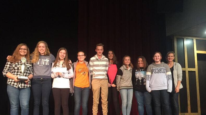 Reid Middle School’s winning eighth-grade Power of the Pen Team: From left, Hailey Snyder, Molly Bline, McKayla Naill, Ashlynn Flora, Ben Saunders, Hanna Haddix, Lexi Knisley, Hannah Snyder, Daylyn Adams and Coach Darcy Leis. CONTRIBUTED