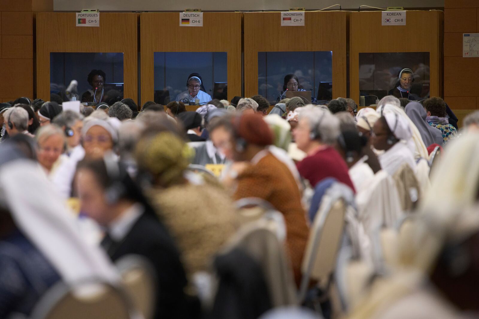 Translation boots are seen during a congress of nearly 900 superiors of the world's female religious orders in Rome, Monday, May 5, 2025. (AP Photo/Alessandra Tarantino)
