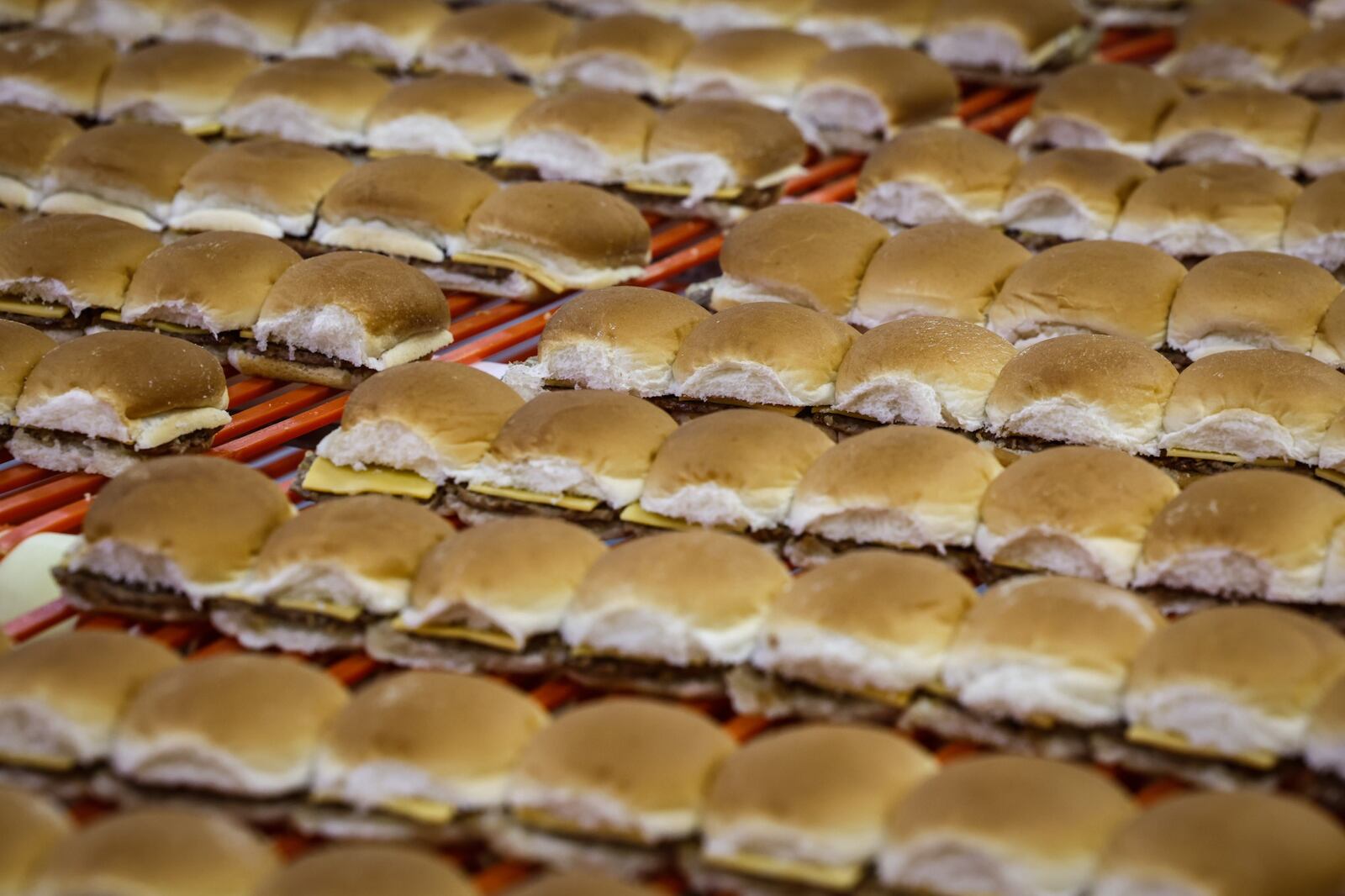 Over a million White Castle hamburgers are made each day at the Vandalia plant. JIM NOELKER/STAFF