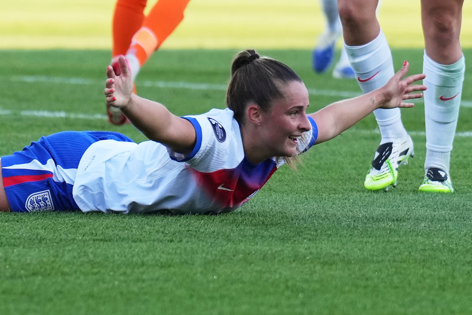 England's Ella Toone celebrates after scoring her side's fourth goal during the Euro 2025, group D, soccer match between England and the Netherlands at Stadion Letzigrund in Zurich, Switzerland, Wednesday, July 9, 2025. (AP Photo/Alessandra Tarantino)