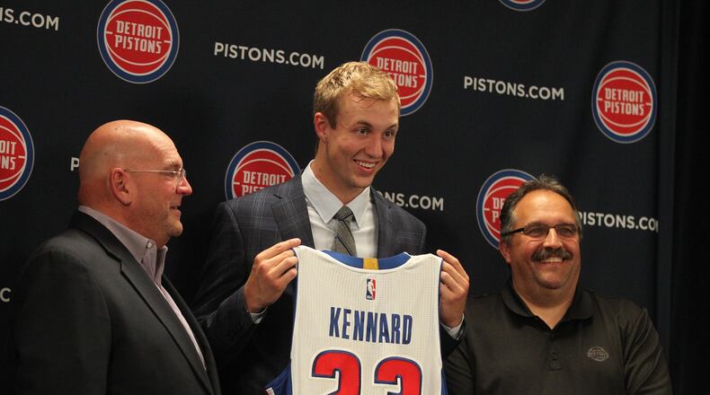 Luke Kennard poses with Pistons General Manager Jeff Bower, left, and head coach Stan Van Gundy at a press conference at the Palace of Auburn Hills on Friday, June 23, 2017, in Auburn Hills, Mich. DAVID JABLONSKI/STAFF