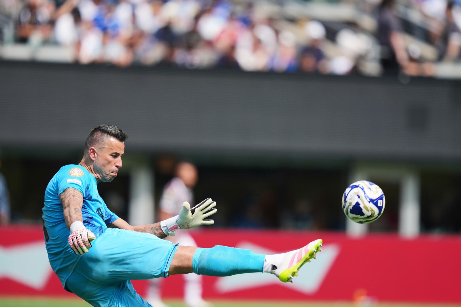 Fluminense goalkeeper Fabio (1) kicks the ball during the Club World Cup semifinal soccer match between Fluminense and Chelsea in East Rutherford, N.J., Tuesday, July 8, 2025. (AP Photo/Seth Wenig)