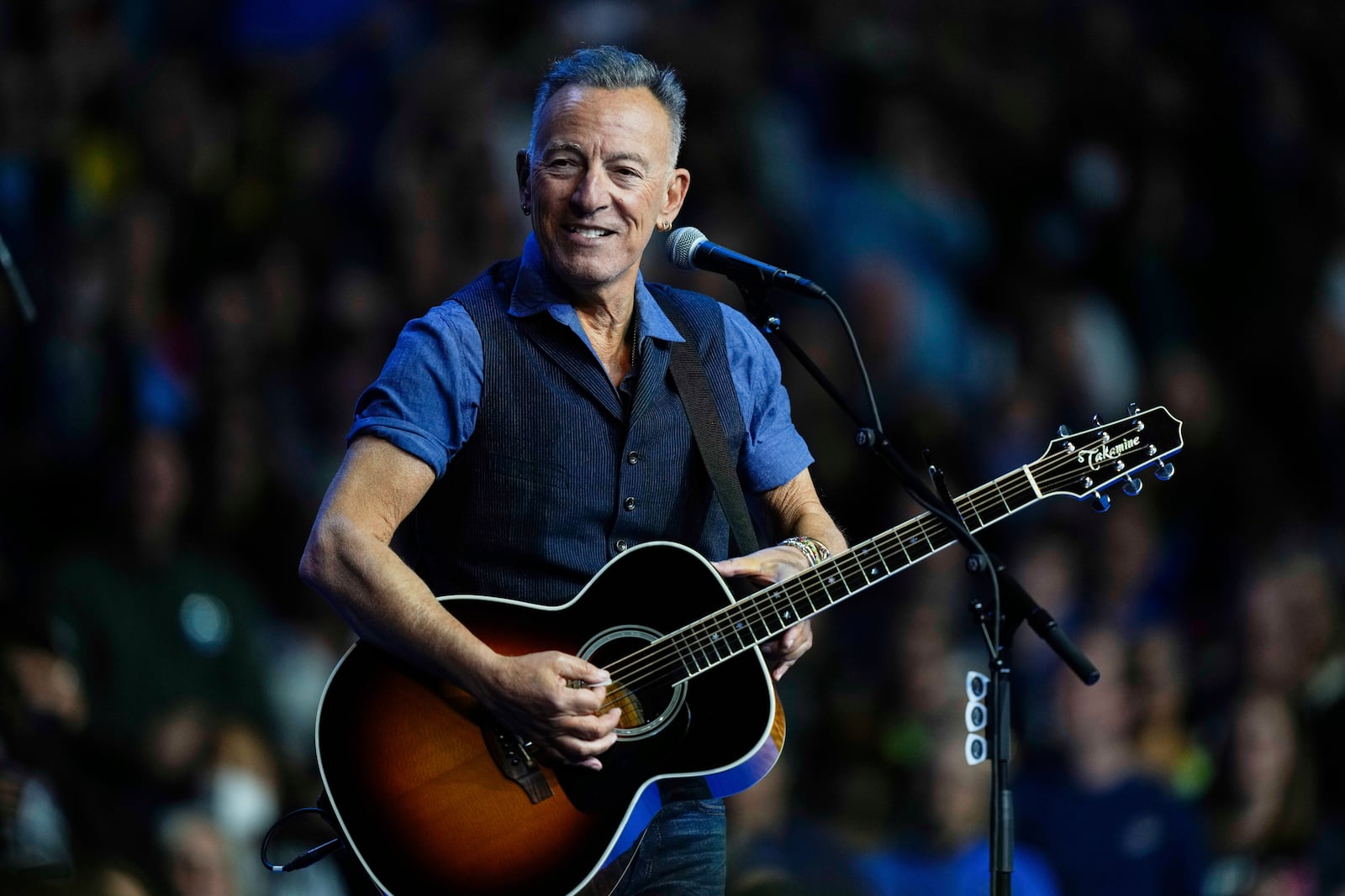 FILE - Bruce Springsteen performs at a campaign rally supporting Democratic presidential nominee Vice President Kamala Harris, Oct. 28, 2024, in Philadelphia. (AP Photo/Matt Rourke, File)