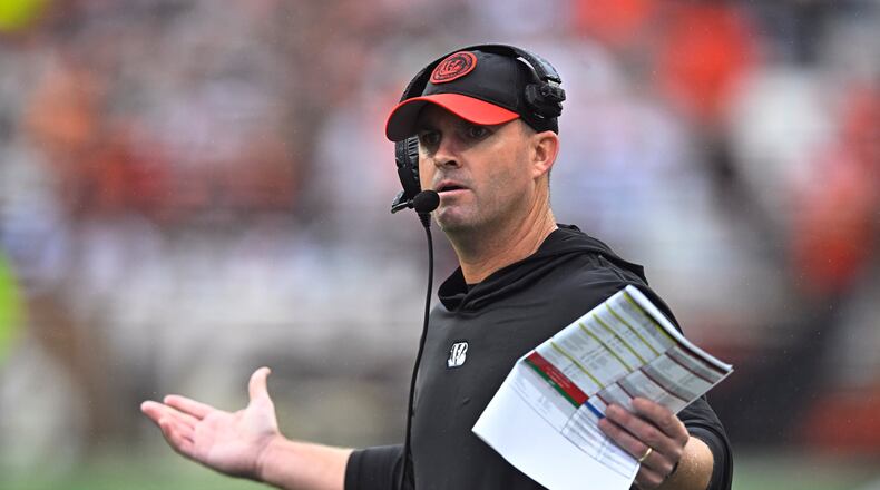Cincinnati Bengals head coach Zac Taylor questions a call during the first half of an NFL football game against the Cleveland Browns Sunday, Sept. 10, 2023, in Cleveland. (AP Photo/David Richard)