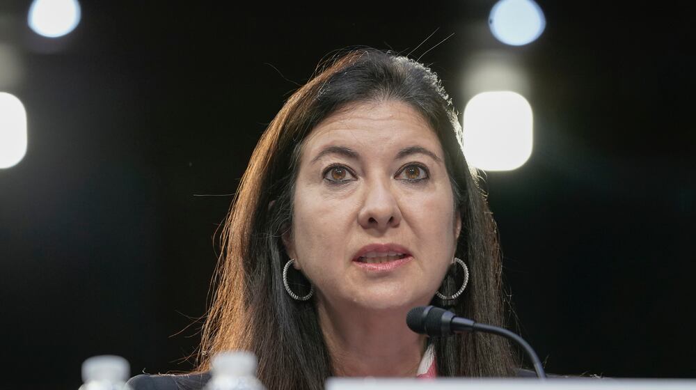 FILE - Adriana Kugler speaks during a Senate Banking, Housing and Urban Affairs Committee hearing to examine her nomination to be a member of the Board of Governors of the Federal Reserve System, June 21, 2023, on Capitol Hill in Washington. (AP Photo/Mariam Zuhaib, File)