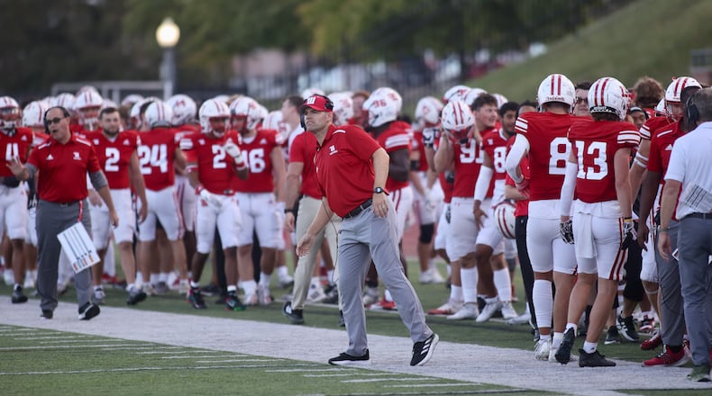Wittenberg's Clay Davie coaches during a game against Kenyon on Saturday, Sept. 16, 2023, at Edwards-Maurer Field in Springfield. David Jablonski/Staff