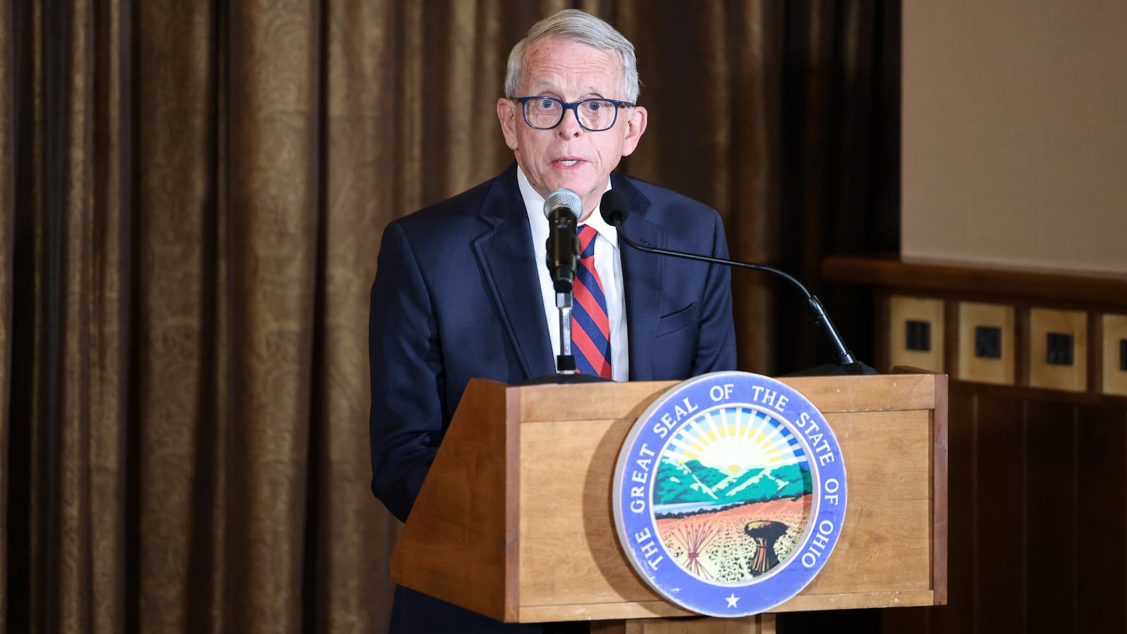 Ohio Gov. Mike DeWine speaks during an event on Monday, June 2, 2025 at Pentagon Tower Club in Beavercreek. BRYANT BILLING / STAFF