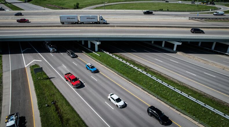 Motorists is moving along fine at the U.S. 35 and Interstate 675 interchange Thursday, May 16, 2024, but as Memorial Day weekend gets closer, traffic is expected to pick-up on all Ohio highways. This year marks the second highest number of travel by motor vehicle in Ohio for the holiday weekend at 1.5 million people going by car, up 3.4% compared to 2023. JIM NOELKER/STAFF