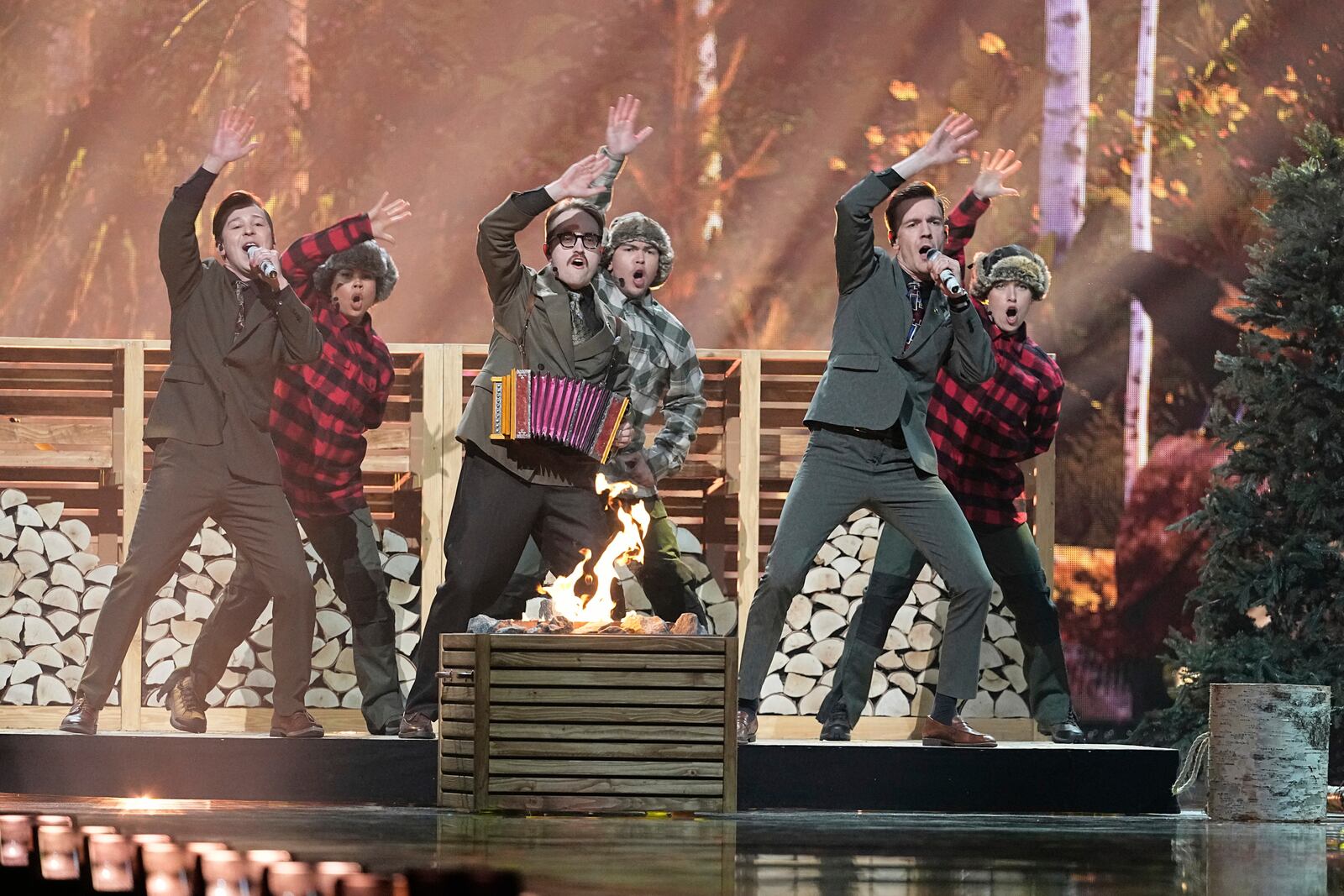 KAJ from Sweden performs the song "Bara Bada Bastu" during the dress rehearsal for the Grand Final of the 69th Eurovision Song Contest, in Basel, Switzerland, Friday, May 16 2025. (AP Photo/Martin Meissner)
