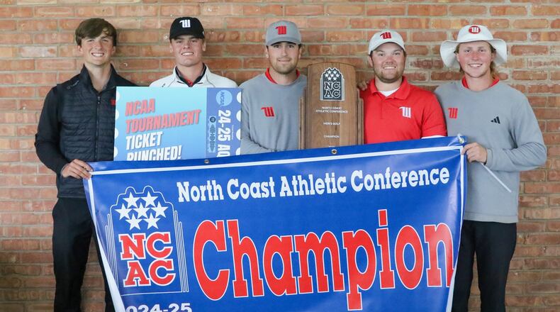 The Wittenberg golf team poses with the NCAC championship trophy on May 4, 2025, at Otter Creek Golf Club in Columbus, Ind. Photo courtesy of Wittenberg