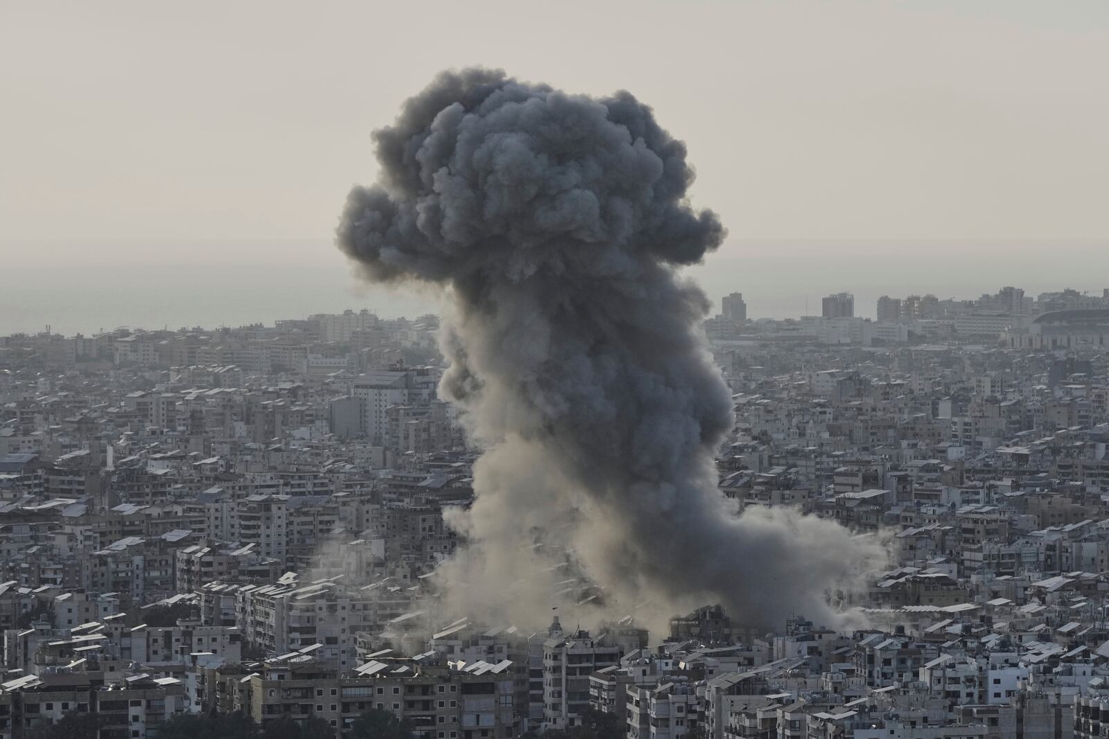 Smoke rises following an Israeli airstrike on Dahiyeh in the southern suburb of Beirut, Lebanon, Sunday, April 27, 2025. (AP Photo/Bilal Hussein)