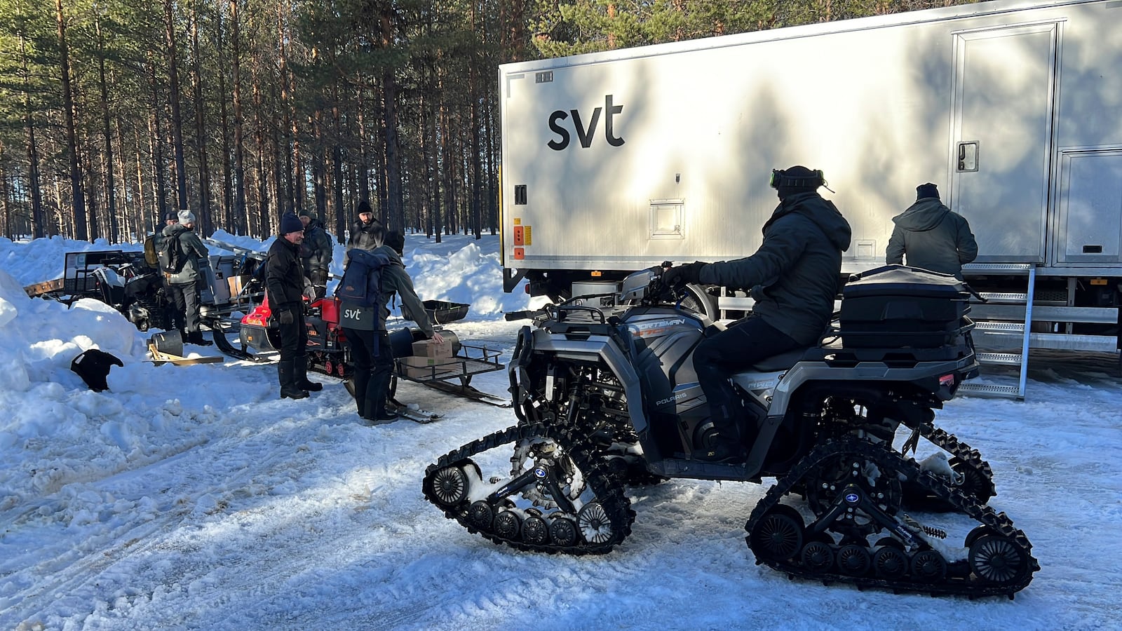This undated photo, issued by SVT, shows preparations in Junsele, Sweden for the livestream 'The Great Moose Migration' to document the annual Moose migration near Kullberg in northern Sweden. (SVT via AP)